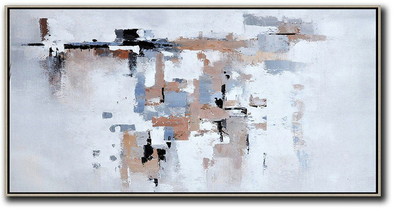Horizontal Palette Knife Contemporary Art,Hand Painted Aclylic Painting On Canvas,White,Grey,Pink,Black,Blue